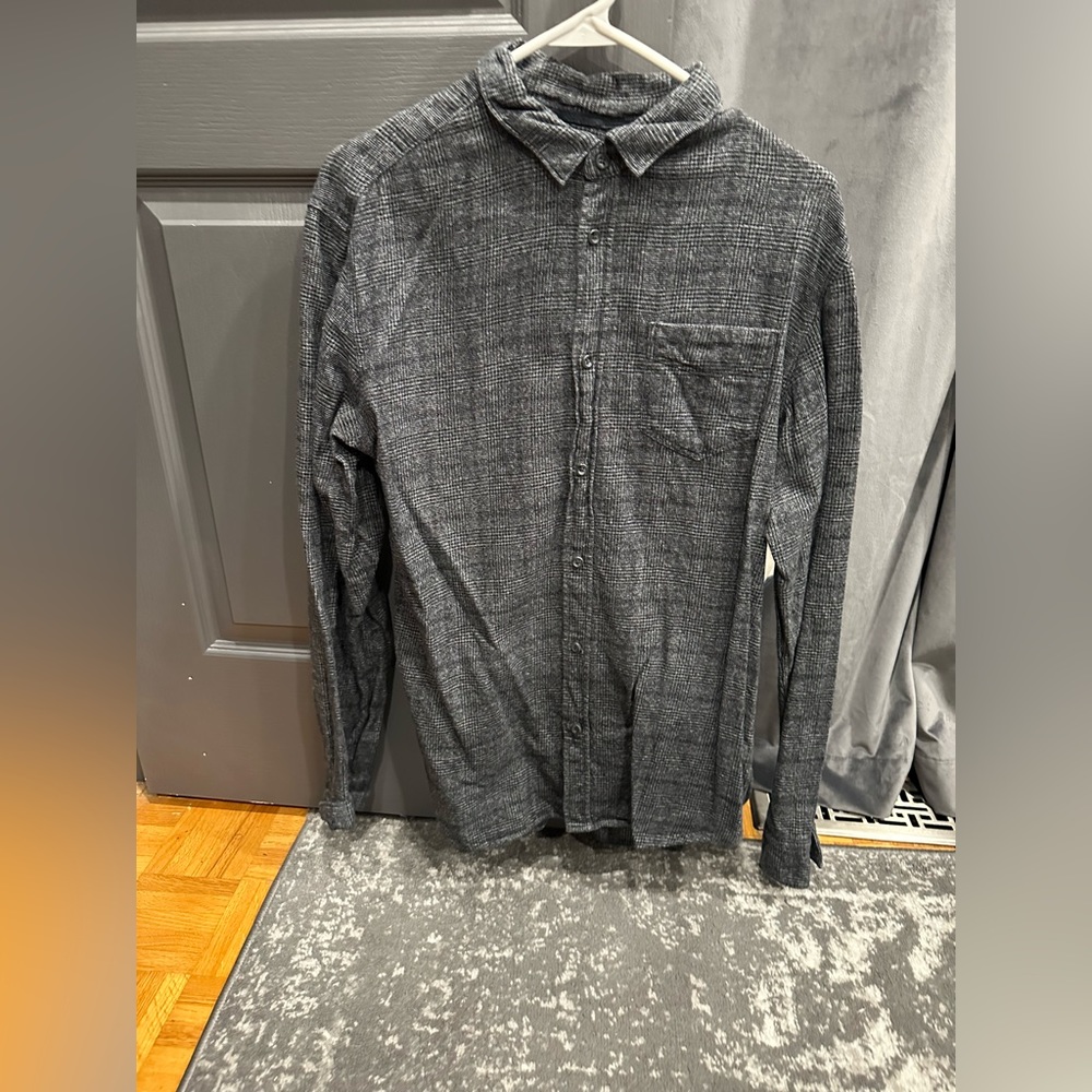 Men Button Down Shirt Grey Fleece Plaid